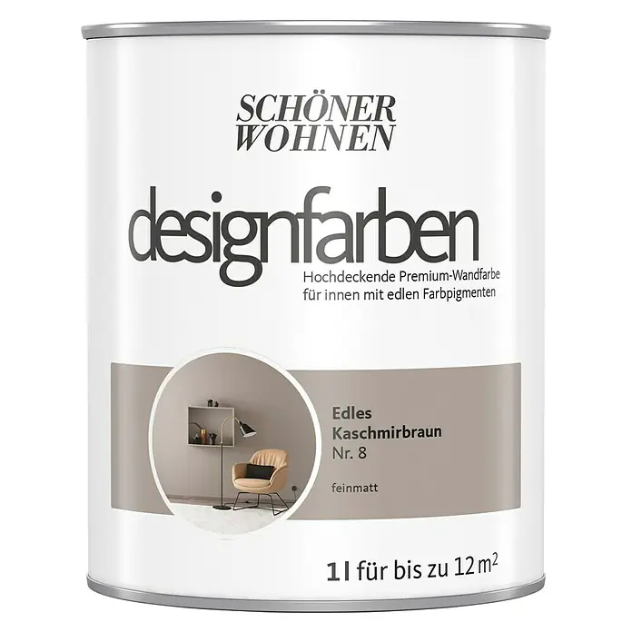 SCHÖNER WOHNEN-Farbe Wandfarbe Designfarbe - Edles Kaschmirbraun, Matt, 1 l, Konservierungsmittelfrei - Dose Schöner Wohnen Designfarben "Edles Kaschmirbraun Nr. 8", eine matte Premium-Wandfarbe für Innenräume mit edlen Farbpigmenten, 1 Liter für bis zu 12 m².