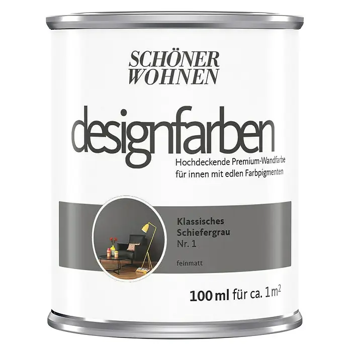 SCHÖNER WOHNEN-Farbe Wandfarbe Designfarbe - Klassisches Schiefergrau, Matt, 100 ml, Konservierungsmittelfrei - Dose Schöner Wohnen Designfarben, klassisches Schiefergrau Nr. 1, feinmatt, 100ml für ca. 1m². Hochdeckende Premium-Wandfarbe für Innen mit edlen Farbpigmenten.