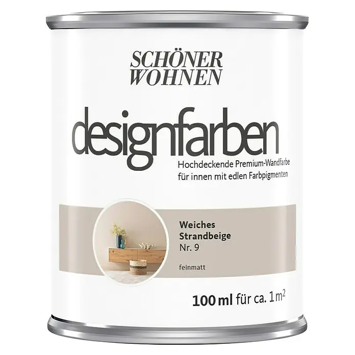 SCHÖNER WOHNEN-Farbe Wandfarbe Designfarbe - Weiches Strandbeige, Matt, 100 ml, Konservierungsmittelfrei - Farbdose "Schöner Wohnen Designfarben" in "Weiches Strandbeige Nr. 9", eine matte Premium-Wandfarbe für Innenräume mit edlen Farbpigmenten, 100ml für ca. 1m².