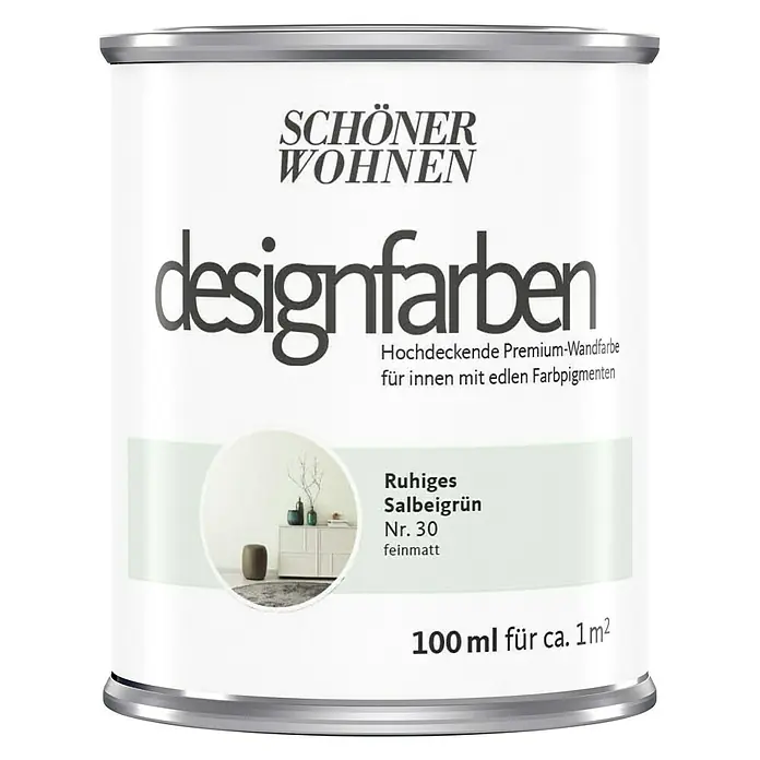 SCHÖNER WOHNEN-Farbe Wandfarbe Designfarbe - Ruhiges Salbeigrün, Matt, 100 ml, Konservierungsmittelfrei - Dose Schön Wohnen Designfarben "Ruhiges Salbeigrün Nr. 30" in feinmatt, ideal für hochwertige Innenraumgestaltung mit edlen Farbpigmenten.