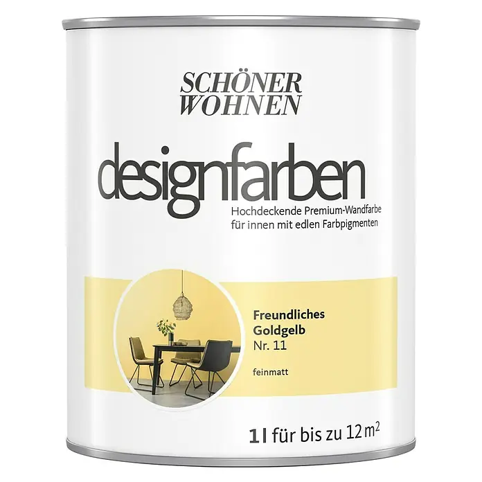 SCHÖNER WOHNEN-Farbe Wandfarbe Designfarbe - Freundliches Goldgelb, Matt, 1 l, Konservierungsmittelfrei - Dose Schönen Wohnen Designfarben, freundliches Goldgelb Nr. 11, feinmatte Premium-Wandfarbe für Innenräume mit edlen Farbpigmenten, Reichweite 1l für bis zu 12 m².