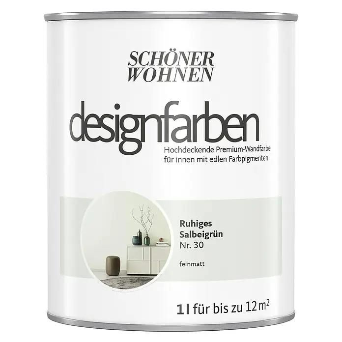 SCHÖNER WOHNEN-Farbe Wandfarbe Designfarbe - Ruhiges Salbeigrün, Matt, 1 l, Konservierungsmittelfrei - Farbdose "Schöner Wohnen Designfarben" in "Ruhiges Salbeigrün Nr. 30", eine hochwertige, matte Wandfarbe für Innenräume.