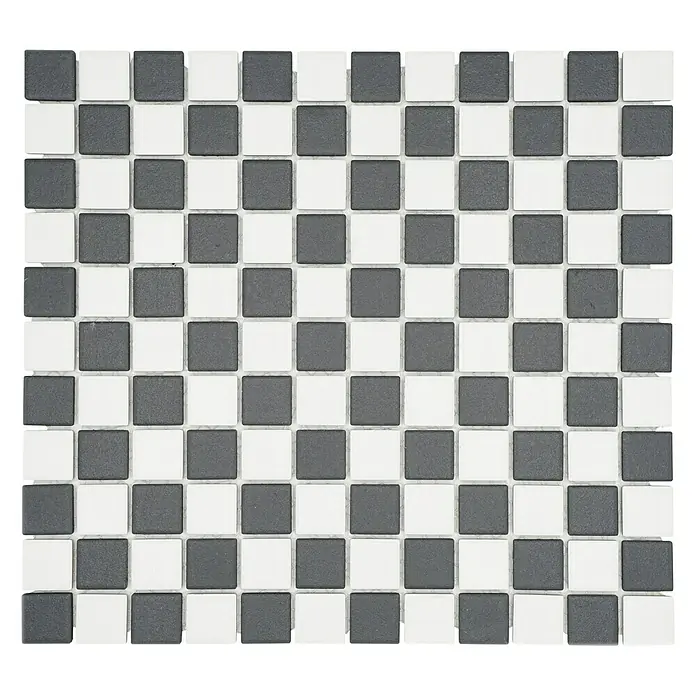 Mosaikfliese Quadrat Mix AT 149 - 32,6 x 30 cm, Schwarz/Weiß, Matt - Quadratische Fliesenmatte mit einem Schachbrettmuster aus grauen und weißen Keramikfliesen für Wand- und Bodendesign.