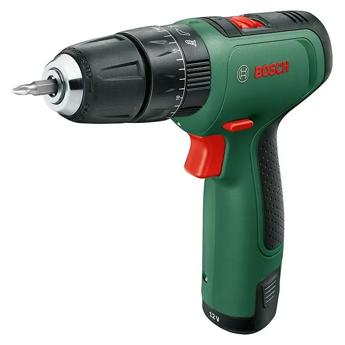 Bosch Power for All 12V Akku-Schlagbohrschrauber EasyImpact 1200 - 12 V, 1 Akku, 1,5 Ah - Eine grüne Bosch Akku-Bohrmaschine mit rotem Auslöser und schwarzem Bohrfutter für präzises Schrauben und Bohren.