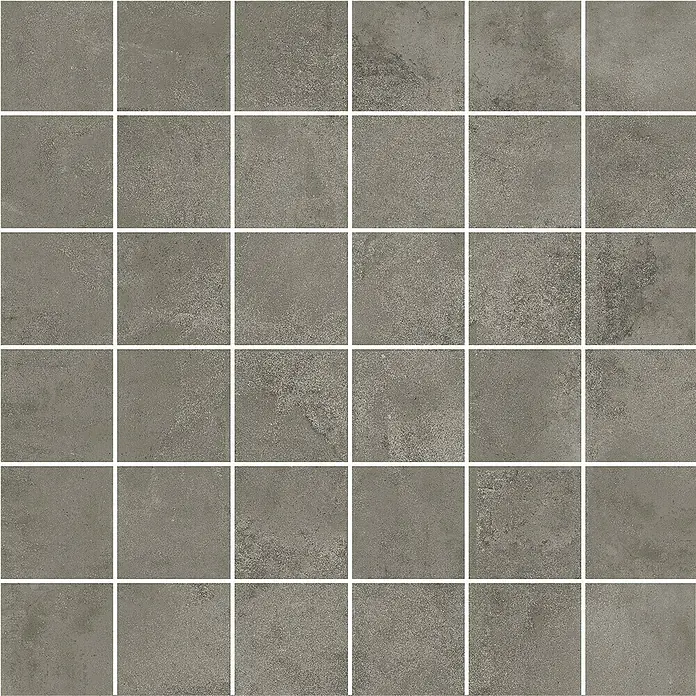 Queens Mosaikfliese 5 x 5 - 29,8 x 29,8 cm, Grau, Matt - Eine Nahaufnahme von quadratischen, grauen Zementfliesen, die ein modernes und robustes Design für Innenräume bieten.