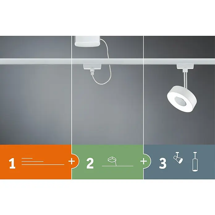 Paulmann URail LED-Panel Loop - 8 W, Weiß, L x B x H: 380 x 110 x 35 mm - Drei Beleuchtungsoptionen werden dargestellt: eine Schiene, eine Stromverbindung und ein runder Strahler.