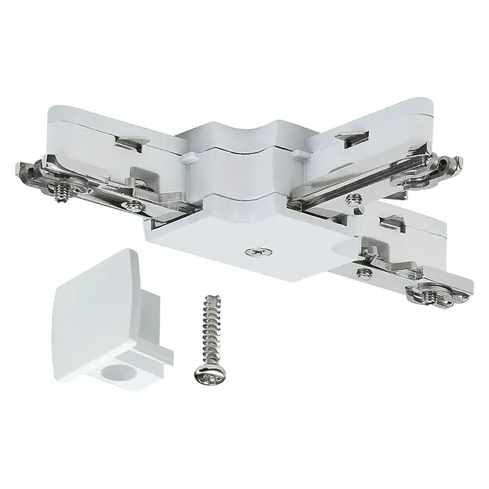 Paulmann URail T-Verbinder - Weiß, L x B x H: 10,4 x 6,2 x 1,8 cm - Eine Detailaufnahme eines weißen Schienenverbinders für Beleuchtungssysteme, inklusive Schraube und Endkappe.