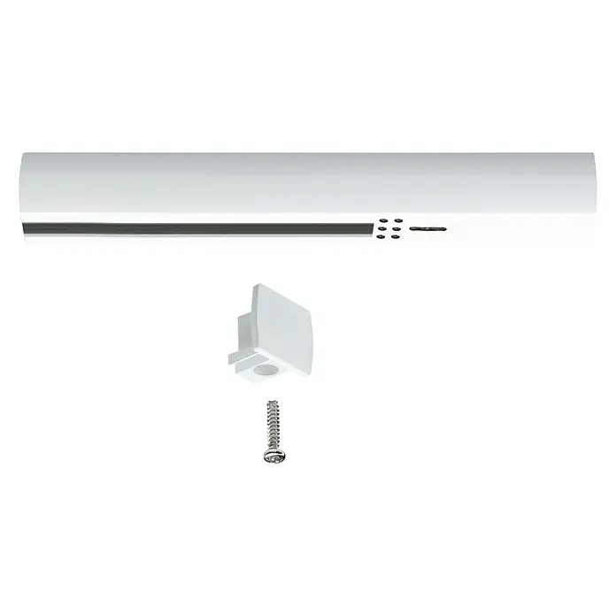 Paulmann URail End-Einspeisung - 161 mm, Weiß - Produktabbildung eines weißen Vorhangschienen-Sets mit Zubehör. Das Set besteht aus einer Schiene, einer Endkappe und einer Schraube.