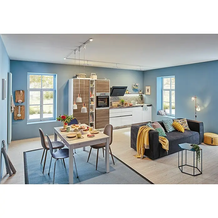 Paulmann URail Endkappe LED - Weiß, 5,8 W, L x B x H: 141 x 57 x 27 mm - Helle und moderne offene Küche mit Essbereich und Wohnzimmer. Hängelampen und Schienensystem sorgen für optimale Beleuchtung in dem Raum.