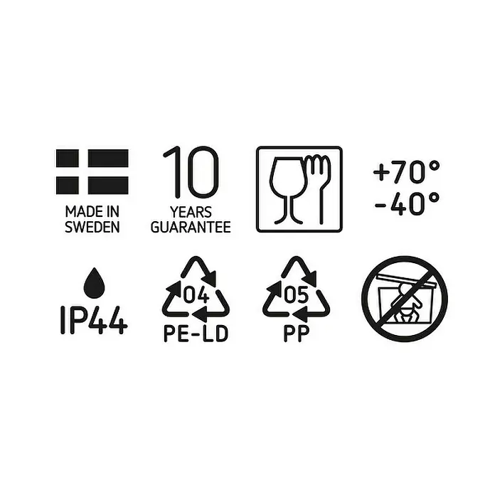 SmartStore Aufbewahrungsbox Dry 55 - 55 l, Lebensmittelecht, Wasserdicht, Stapelbar - Abbildung von Produktinformationen: Hergestellt in Schweden, 10 Jahre Garantie, Temperaturbereich +70°/-40°, IP44, PE-LD, PP, Symbol für Lebensmittelkontakt und Mülltrennung.