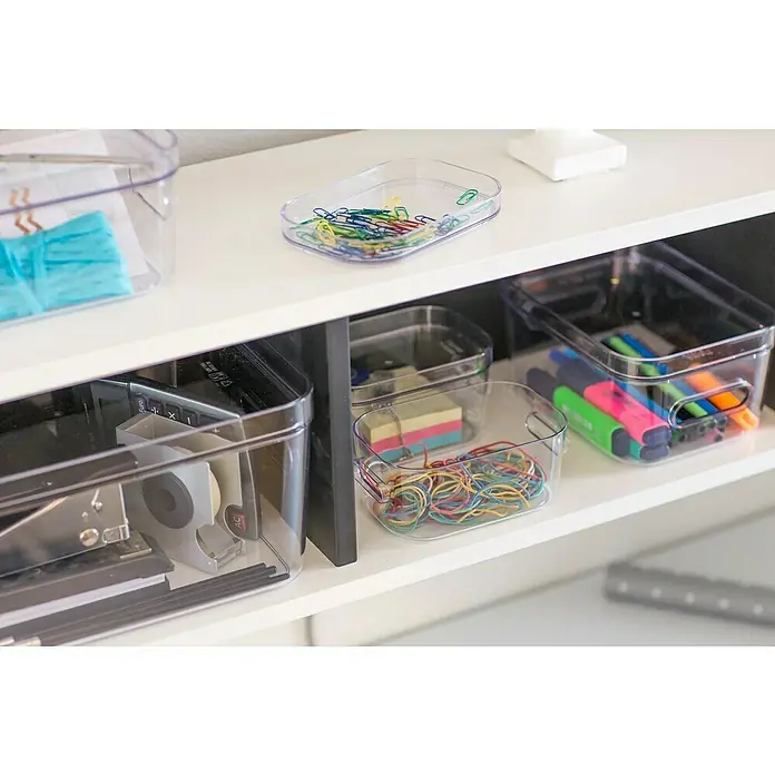 SmartStore Aufbewahrungsbox Compact - L x B x H: 20 x 14 x 7,5 cm, Kunststoff, Transparent - Büroaufbewahrungslösung mit transparenten Behältern, die Büroklammern, Gummibänder, Textmarker und einen Tacker enthalten, für organisierte Arbeitsbereiche.