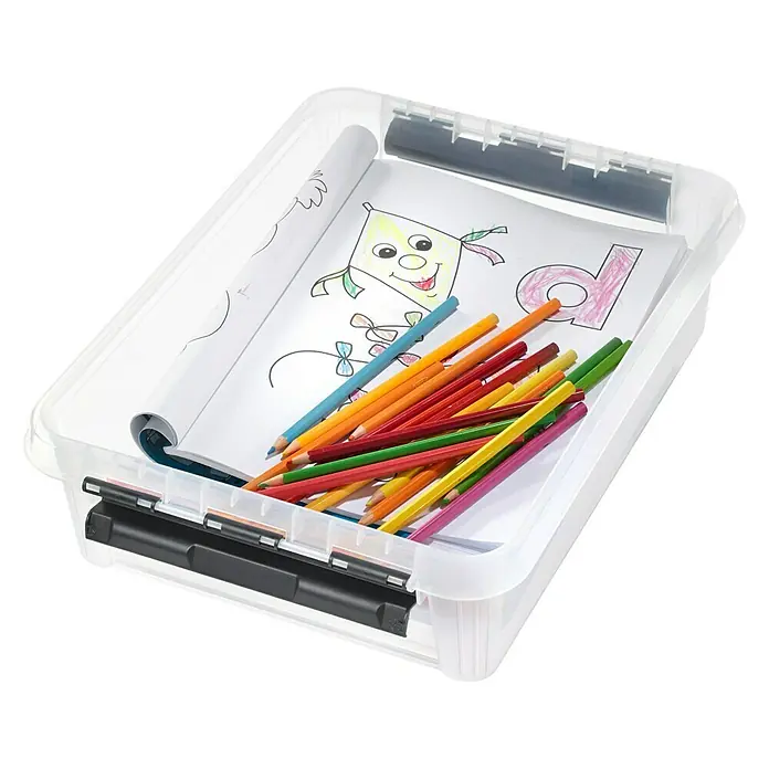 SmartStore Aufbewahrungsbox Classic 7,5 - L x B x H: 40 x 30 x 11 cm, Kunststoff, Transparent - Eine durchsichtige Aufbewahrungsbox mit Zeichnungen und Farbstiften.