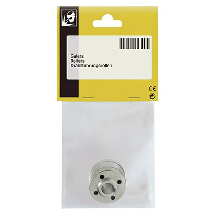 Gys Drahtvorschubrolle - Passend für: Gys Schweißgeräte Easymig 150/160, Multipearl, Pearl, Smartmig - Produktverpackung mit Drahtführungsrollen. Die Rollen sind aus Metall und in einer durchsichtigen Verpackung verpackt.