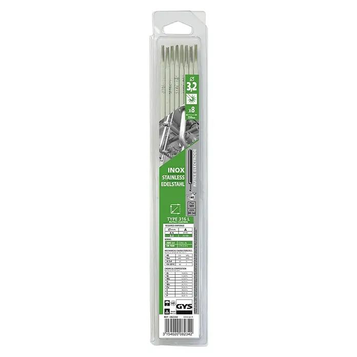 Gys Edelstahl-Elektrode 316 L - Durchmesser: 3,2 mm, 8 Stk. - Eine Packung 316 L Edelstahl-Schweißelektroden mit Rutilbeschichtung, geeignet für Schweißarbeiten an Edelstahl.