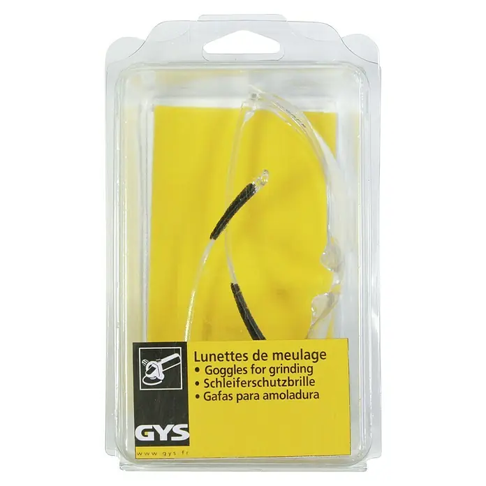 Gys Schweiß-Schutzbrille - 1 Stk. - Bild einer Schutzbrille von GYS, verpackt in einer durchsichtigen Kunststoffverpackung mit gelbem Hintergrund und mehrsprachiger Beschriftung.