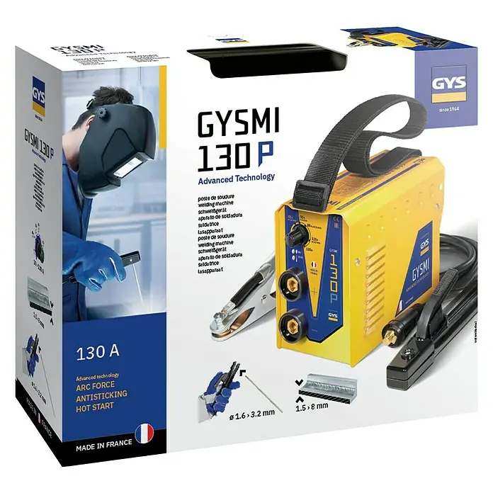 Gys Elektrodenschweißgerät GYSMI 130P - Schweißstrom: 10 A - 130 A, 230 V - Produktverpackung für ein GYSMI 130P Schweißgerät mit "Advanced Technology", ideal für professionelle Schweißarbeiten.