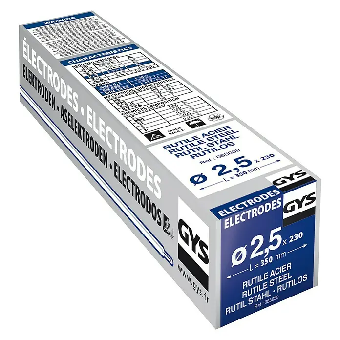 Gys Rutile Stahl-Elektrode - Durchmesser: 2,5 mm, 230 Stk. - Verpackung der GYS Rutile Stahl-Elektroden, 2,5 x 230 mm, ideal für Schweißarbeiten.