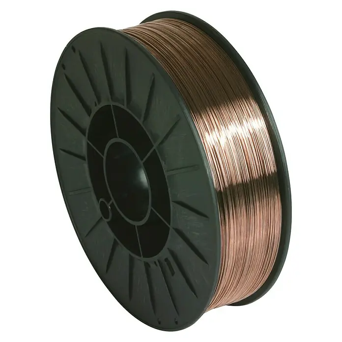 Gys Schweißdraht - Stahl, Durchmesser: 0,8 mm, 5 kg - Eine Spule mit Kupferdraht für Schweißanwendungen, aufgerollt auf einer schwarzen Spule. Ideal für verschiedene Schweißprojekte.