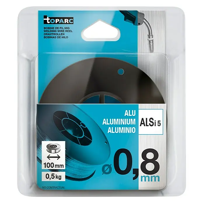 Gys Schweißdraht - Aluminium (AlSi5), Durchmesser: 0,8 mm, 0,5 kg - Foto einer TOPARC Aluminium ALSi5 Schweißdrahtspule (0,8 mm, 0,5 kg) in Blisterverpackung.