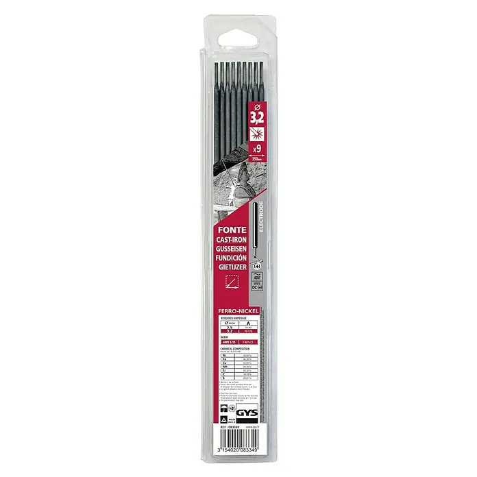 Gys Gusselektrode - Durchmesser: 3,2 mm, 9 Stk. - Verpackung mit 9 Schweißelektroden (3,2 mm) für Gusseisen, Marke GYS, ideal für hochwertige Schweißarbeiten mit Ferro-Nickel-Legierung.