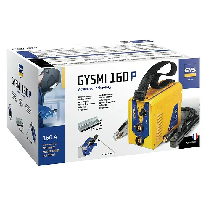Gys Elektrodenschweißgerät GYSMI 160P - Schweißstrom: 10 A - 160 A, 230 V - Bild eines GYSMI 160P Schweißgeräts in einer Verpackung. Es ist ein kompaktes und tragbares Gerät zum Schweißen mit fortschrittlicher Technologie.