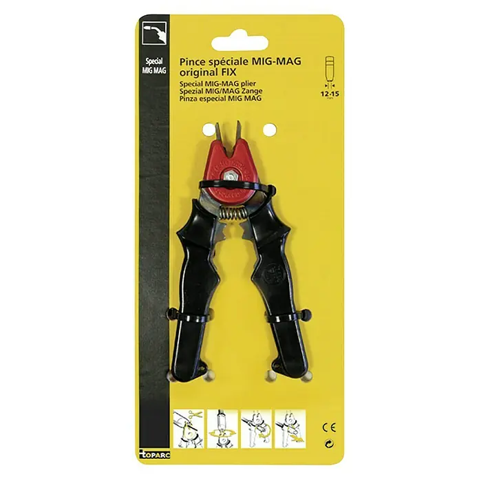 Gys Düsenzange -  - Spezielle MIG-MAG Zange Original FIX in der Verpackung. Die Zange ist schwarz mit einem roten Kopf und einer Feder.