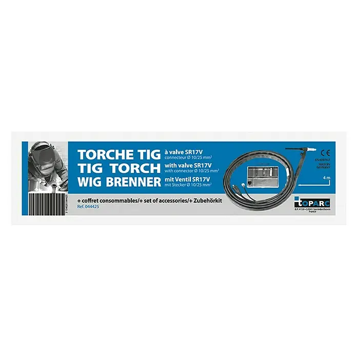 Gys WIG-Schweißbrenner SR17V - Passend für: Elektroden-/WIG-Schweißgeräte ohne integriertes Schutzgasventil - Bild der TOPARC TIG-Schweißbrenner SR17V mit Zubehör, ideal für professionelle Schweißarbeiten.