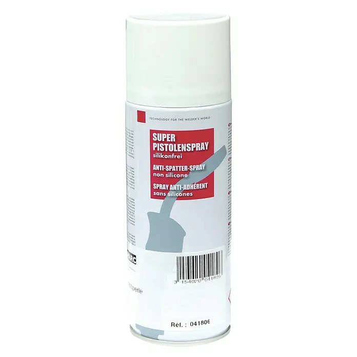 Gys Brenner-Schutzspray - 400 ml - Weisse Spraydose mit der Aufschrift "Super Pistolenspray silikonfrei", ein Anti-Spritzer-Spray für Schweisserarbeiten.