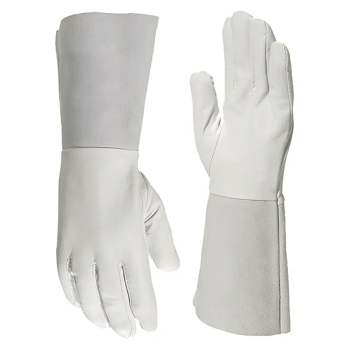 Gys Arbeitshandschuhe - Handschuhgröße: 10 - Das Bild zeigt ein Paar weiße Lederhandschuhe mit langen Stulpen, ideal für Schutz bei Arbeiten, die Hitzebeständigkeit erfordern.