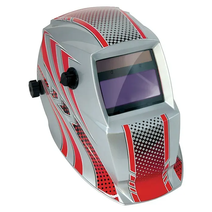 Gys Schweißhelm LCD Hermes - Schutzstufe: 9 Stk. - 13 Stk. - Diese Abbildung zeigt eine silberne Schweissmaske mit einem roten Flammenmuster und einem dunklen Visier zum Schutz beim Schweissen.