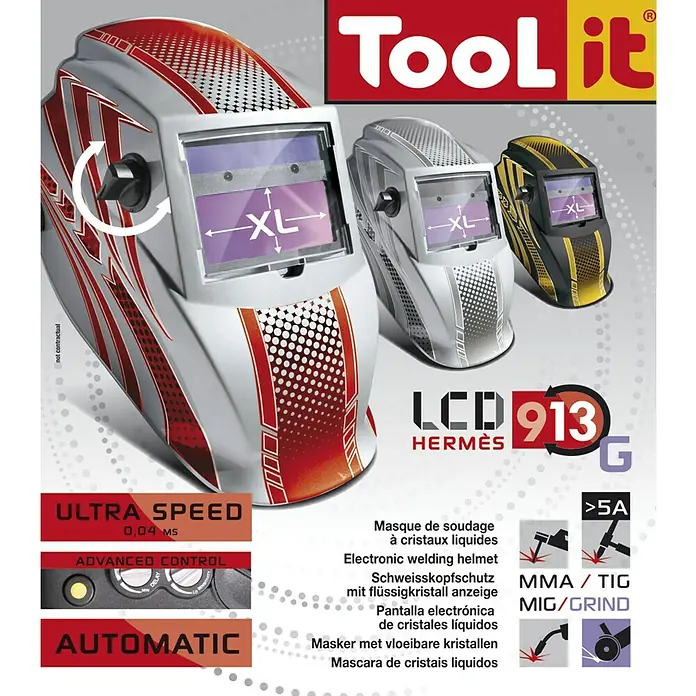 Gys Schweißhelm LCD Hermes - Schutzstufe: 9 Stk. - 13 Stk. - Abbildung von Tool it Automatik-Schweißhelmen LCD Hermes 913 G in verschiedenen Farben, die für MMA/TIG- und MIG/Schleifanwendungen geeignet sind.