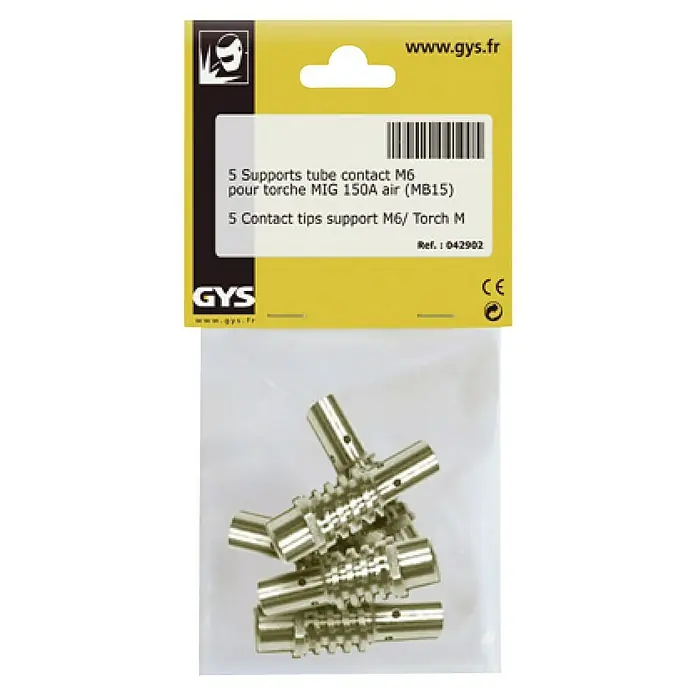 Gys Düsenstock MB 15 - Luftgekühlt, M 6, Schweißstrom: 0 A - 150 A - Bild einer Packung mit 5 Kontaktrohrhaltern M6 für MIG 150A Schweißbrenner, ideal für präzise Schweißarbeiten.