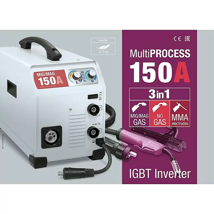 Gys Soldador combinado Easymig 150 - Corriente de soldadura: 20 A - 140 A - Soldadora inversora multiproceso (MIG/MAG/MMA) blanca 3 en 1 con antorcha de soldadura y pinza de tierra conectadas.
