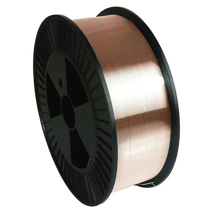 Gys Schweißdraht G3Si1/ER70S-6 - Durchmesser: 1 mm, 15 kg - Eine Rolle Kupferdraht zum Schweißen, auf einer schwarzen Spule aufgewickelt. Ideal für präzise Schweißarbeiten in verschiedenen Anwendungen.