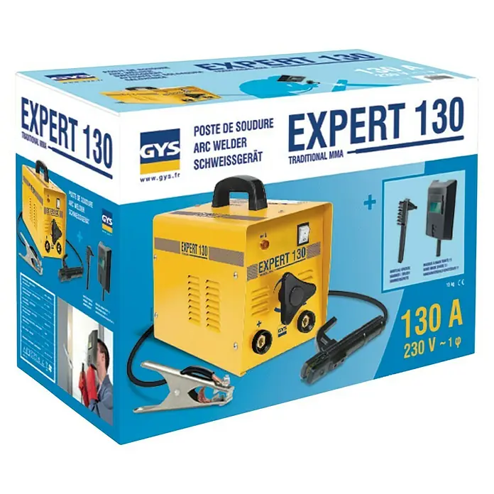 Gys Elektrodenschweißgerät Expert 130 - Schweißstrom: 55 A - 130 A, 230 V - Produktverpackung für ein EXPERT 130 Schweißgerät, ideal für traditionelles MMA-Schweißen mit 230V Anschluss.