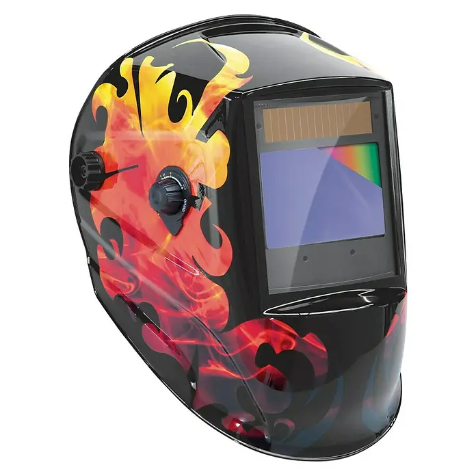 Gys Schweißhelm Zeus Fire - Schutzstufe: 9 Stk. - 13 Stk. - Schwarze Schweissmaske mit auffälligem Flammendesign und verstellbarer Abdunkelung für optimalen Schutz beim Schweissen.
