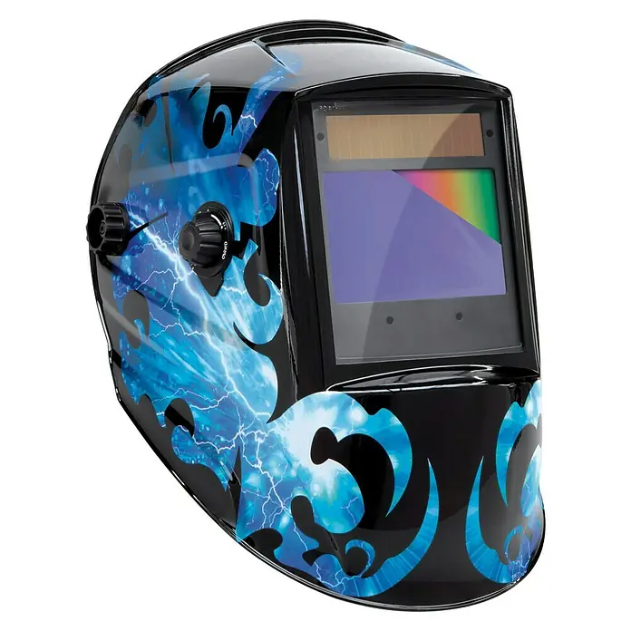 Gys Schweißhelm Zeus Cosmic - Schutzstufe: 5 Stk. - 13 Stk. - Eine detaillierte Aufnahme eines Schweisshelms mit Blitzdesign und Bedienelementen.