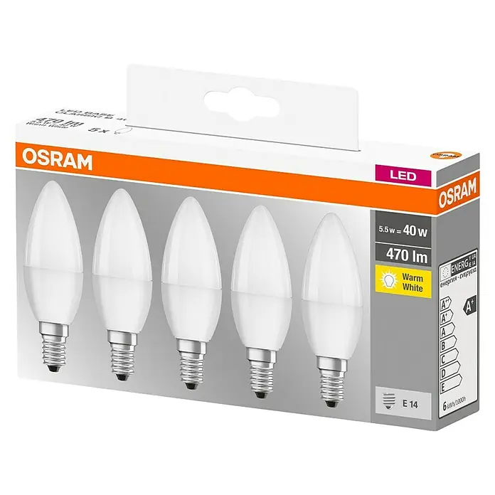 Osram Star LED-Lampen Set Classic B - E14, Nicht Dimmbar, Warmweiß, 470 lm, 5,5 W - Packung mit 6 OSRAM LED-Leuchtmitteln in Kerzenform mit E14-Sockel, 5,5 W, warmweiß für stimmungsvolle Beleuchtung.