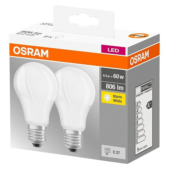 Osram Bombilla LED (E27, No regulable, Blanco cálido, 806 lm, 8,5 W, 2 ud.) | BAUHAUS