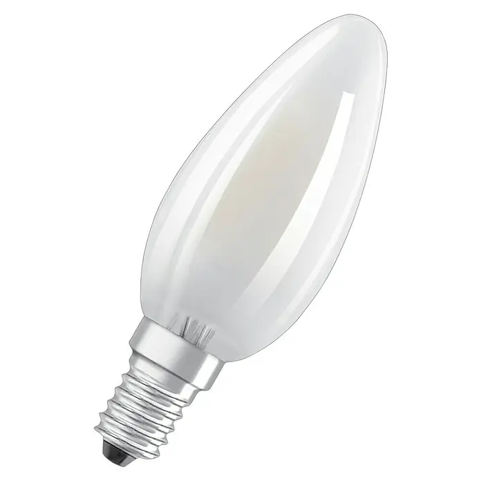 Osram Retrofit LED-Lampen Set Classic B - E14, Nicht Dimmbar, Warmweiß, 470 lm, 4 W, 5 Stk. - Nahaufnahme einer matten LED-Kerzenlampe mit E14-Sockel, ideal für stimmungsvolle Beleuchtung und Energieeffizienz.