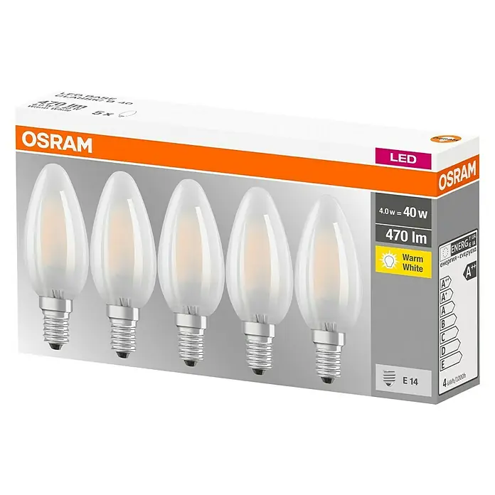 Osram Retrofit LED-Lampen Set Classic B - E14, Nicht Dimmbar, Warmweiß, 470 lm, 4 W, 5 Stk. - Eine Packung mit fünf OSRAM LED-Lampen mit E14-Sockel, die warmweißes Licht abgeben und eine Energieeffizienz von A++ haben.