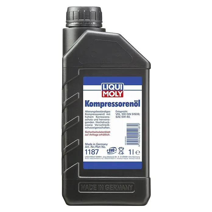 Liqui Moly Kompressoröl - Viskosität: 5W-40, 1 l - Abbildung einer 1-Liter-Flasche Liqui Moly Kompressorenöl 5W-40, ideal für den Schutz von Kompressoren.
