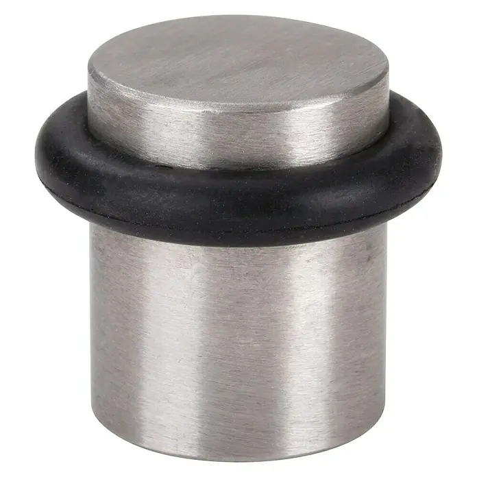 Türstopper Set Inox 20x25 mm - Ø x H: 20 x 25 mm, Montageart: Schrauben, Silber/Schwarz - Nahaufnahme eines Türstoppers aus gebürstetem Metall mit einem schwarzen Gummiring, der häufig verwendet wird, um Schäden an Wänden zu verhindern.