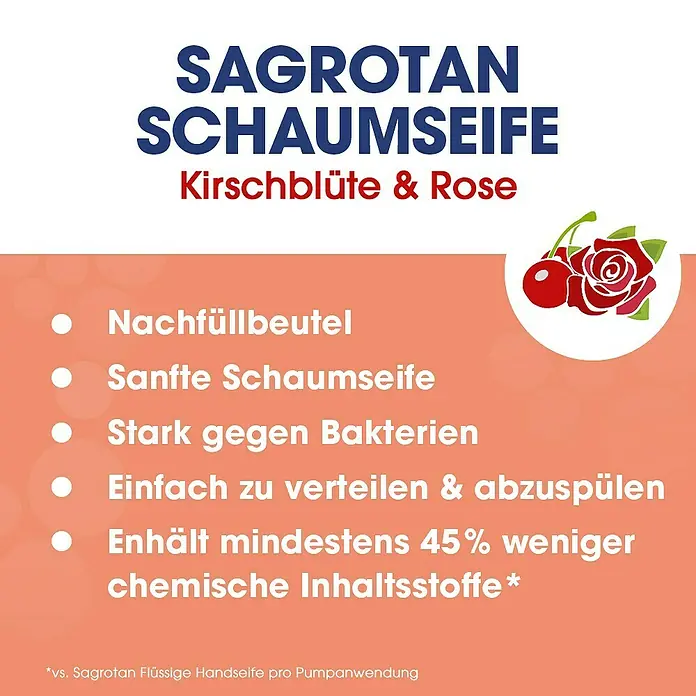 Sagrotan Reinigungsschaum Samt-Schaum Nachfüller - Kirschblüte & Rose, 250 ml - Sagrotan Schaumseife Kirschblüte & Rose: Nachfüllbeutel, sanfte Schaumseife, stark gegen Bakterien, einfache Anwendung und 45% weniger Chemie.
