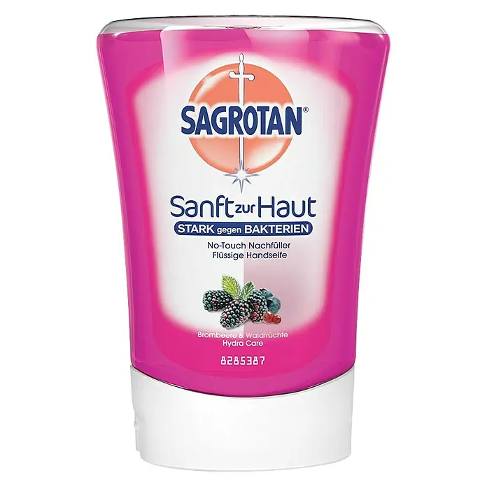 Sagrotan No-Touch Flüssigseife - Brombeere & Waldfrüchte, 250 ml, Nachfüllflasche - Abbildung einer Sagrotan Sanft zur Haut No-Touch Nachfüller Flüssigseife mit Brombeere & Waldfrüchte Hydra Care.