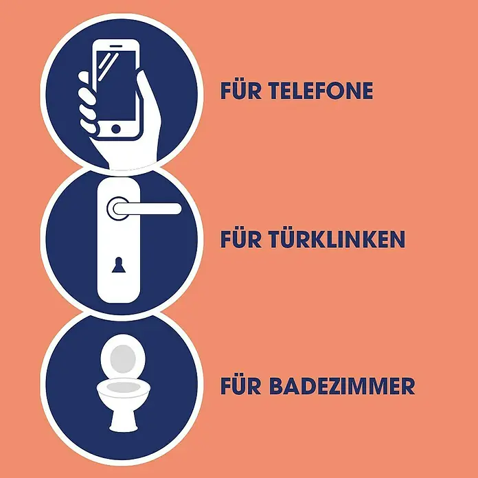 Sagrotan Hygienespray Desinfektion - 100 ml, Sprühflasche - Infografik mit Symbolen für Telefon, Türklinke und Badezimmer.