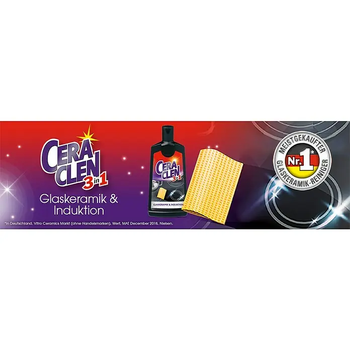 Ceraclen Glaskeramik-Reiniger - 200 ml, Flasche - Abbildung des Ceraclean 3 in 1 Reinigers für Glaskeramik und Induktionskochfelder mit Putzschwamm.