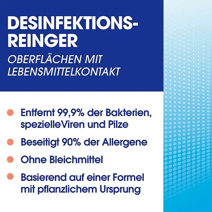 Sagrotan Desinfektionsreiniger - 500 ml, Sprühflasche - Produktbild eines Desinfektionsreinigers für Oberflächen mit Lebensmittelkontakt, der 99,9% der Bakterien und 90% der Allergene beseitigt.