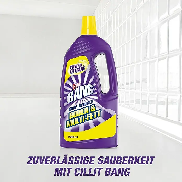 Cillit Bang Kraftreiniger Boden & Multi-Fett - 1,5 l, Flasche - Bild einer Flasche Cillit Bang Power Citrus Boden- und Multi-Fett Reiniger vor einem weißen Hintergrund.