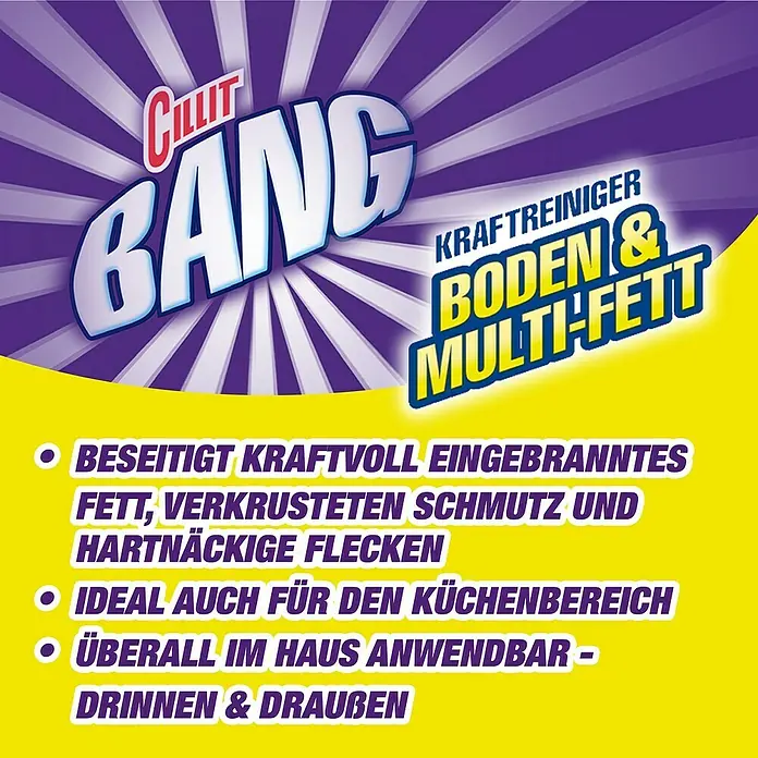 Cillit Bang Kraftreiniger Boden & Multi-Fett - 1,5 l, Flasche - Cillit Bang Boden & Multi-Fett Kraftreiniger beseitigt kraftvoll Eingebranntes, Verkrustungen und hartnäckige Flecken. Ideal für den Küchenbereich.